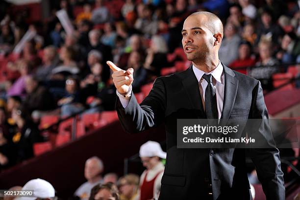 Head coach Jordi Fernandez of the Canton Charge communicates with his players during the game against the Erie BayHawks at the Canton Memorial Civic...