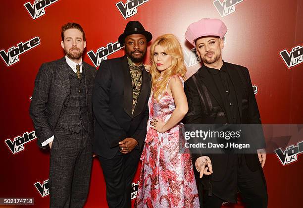 Ricky Wilson, will.i.am, Paloma Faith and Boy George attend The Voice Launch, which airs on BBC One on Saturday, January 9th at 7:30 pm, at The...