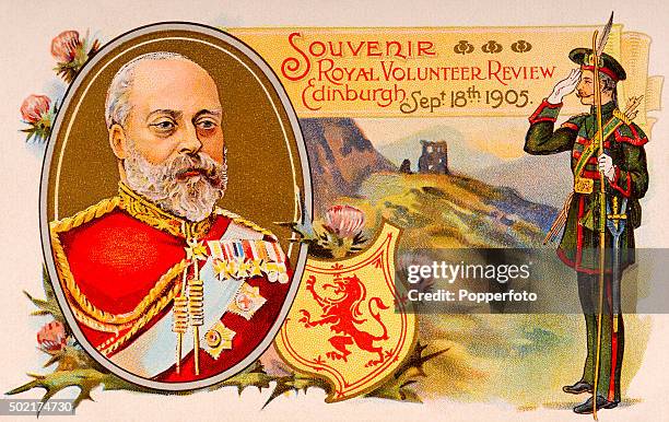 Vintage postcard illustration featuring King Edward VII of the United Kingdom and a Scottish soldier with a landscape behind on a souvenir of the...