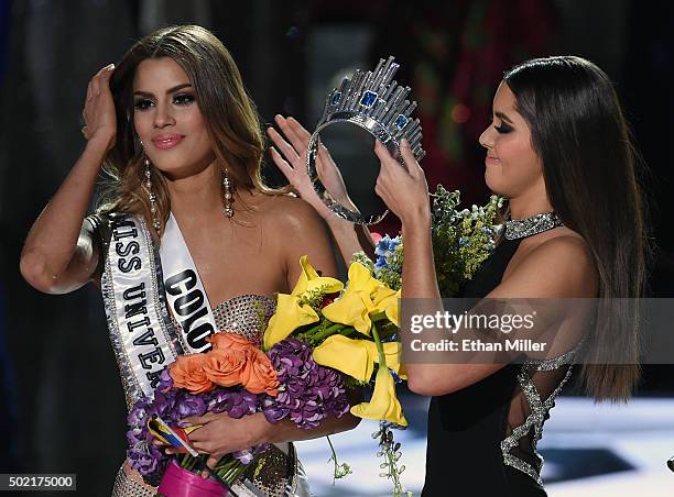 Miss Universe 2014 Paulina Vega removes the crown from Miss Colombia 2015, Ariadna Gutierrez Arevalo, after it was announced that host Steve Harvey...