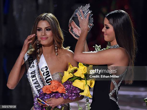 Miss Universe 2014 Paulina Vega removes the crown from Miss Colombia 2015, Ariadna Gutierrez Arevalo, after it was announced that host Steve Harvey...