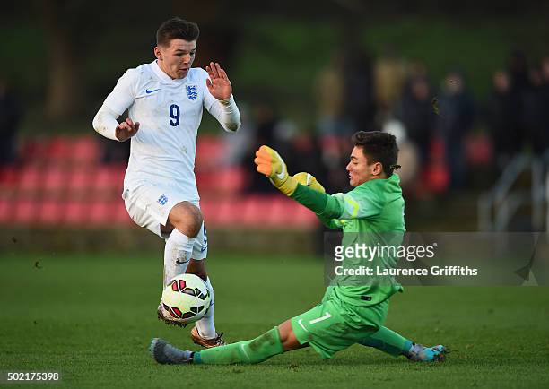 Bobby Duncan of England skips past Erkan Cinar of Turkey during the International Friendly match between England U17 and Turkey U17 at St George's...