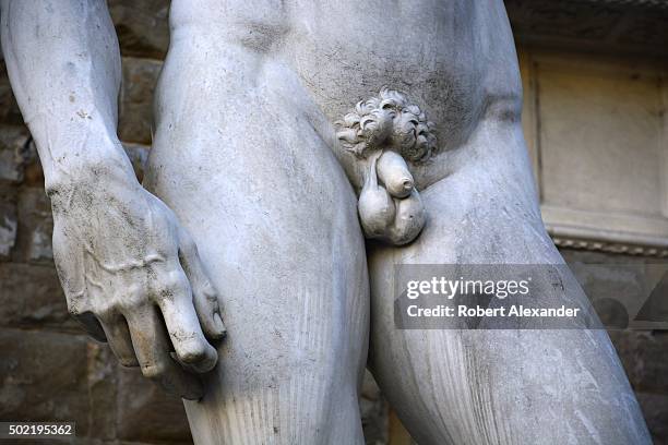 Full-size copy of Michelangelo's marble statue of the Biblical hero David, with an uncircumcised penis, stands in the Piazza della Signoria beside...