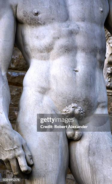 Full-size copy of Michelangelo's marble statue of the Biblical hero David, with an uncircumcised penis, stands in the Piazza della Signoria beside...