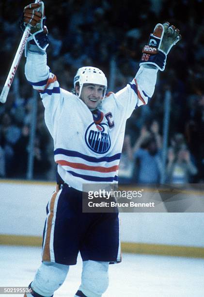 Wayne Gretzky of the Edmonton Oilers celebrates a goal during the 1987 Stanley Cup Finals against the Philadelphia Flyers in May, 1987 at the...