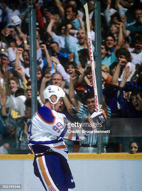 Wayne Gretzky of the Edmonton Oilers celebrates a goal during the 1988 Stanley Cup Finals against the Boston Bruins in May, 1988 at the Northlands...