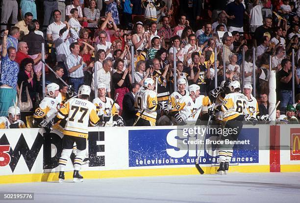 Mario Lemieux of the Pittsburgh Penguins is congratulated by teammate Bryan Trottier during Game 2 of the 1991 Stanley Cup Finals against the...