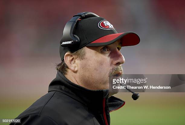 Head coach Jim Tomsula of the San Francisco 49ers looks on from the sidelines against the Cincinnati Bengals during an NFL football game at Levi's...