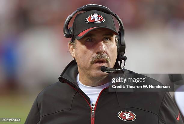 Head coach Jim Tomsula of the San Francisco 49ers looks on from the sidelines against the Cincinnati Bengals during an NFL football game at Levi's...