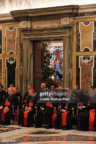 Cardinals sit in the Clementine Hall as Pope Francis exchanges Christmas greetings with of the Roman Curia on December 21, 2015 in Vatican City,...