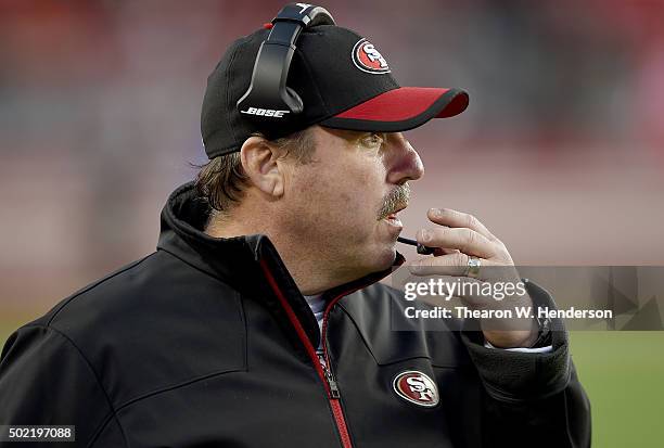 Head coach Jim Tomsula of the San Francisco 49ers looks on from the sidelines against the Cincinnati Bengals during an NFL football game at Levi's...