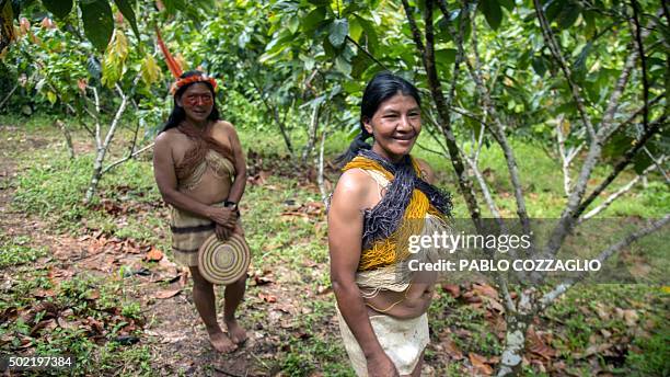 Waorani indigenous women smile in Gareno, 175 km southeast of Quito, Ecuador on December 7, 2015. Three Amazonian ethnic groups of Ecuador, Brazil...