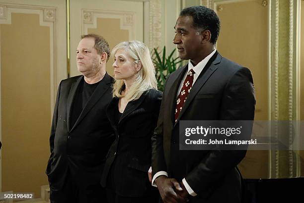 Studio Executive Harvey Weinstein, Judith Light and Norm Lewis are in attendance as U.S. Senator Charles E. Schumer commemorates last week's change...