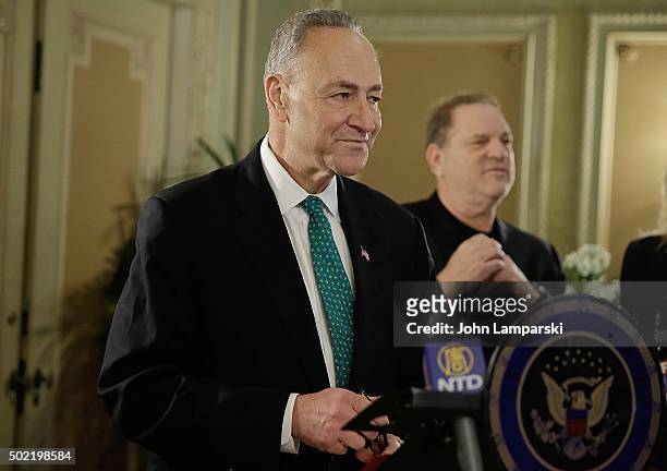 Studio Executive Harvey Weinstein attends as U.S. Senator Charles E. Schumer commemorates last week's change in federal tax law benefits with...