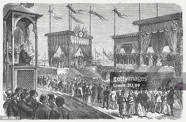 stockillustraties, clipart, cartoons en iconen met opening of the suez canal on november 17, 1869 - opening