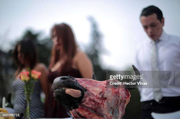 Activists from Animal Heroes NGO perform to denounce the excessive consumption of meat during the Christmas season at Revolucion monument on December...