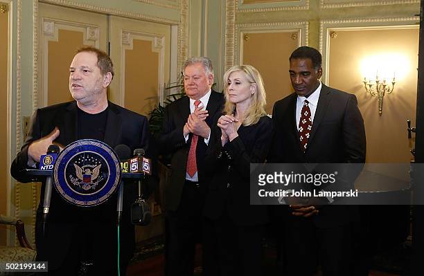 Studio executive Harvey Weinstein, Chairman of the Broadway League Robert E. Wankel, Judith Light and Norm Lewis attend as U.S. Senator Charles E....