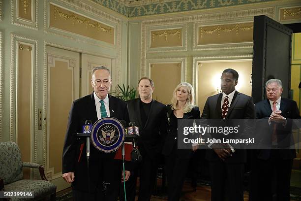 Senator Charles E. Schumer, studio executive Harvey Weinstein, Judith Light, Norm Lewis and Chairman of the Broadway League Robert E. Wankel attend...