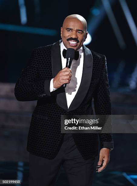 Television personality Steve Harvey hosts the 2015 Miss Universe Pageant at The Axis at Planet Hollywood Resort & Casino on December 20, 2015 in Las...