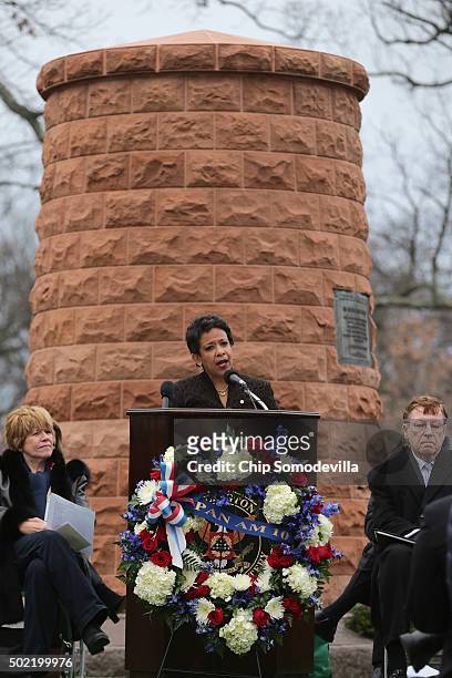 Attorney General Loretta Lynch delivers remarks during a memorial service for the victims of the 1988 Pan Am Flight 103 terrorist bombing with Kathy...
