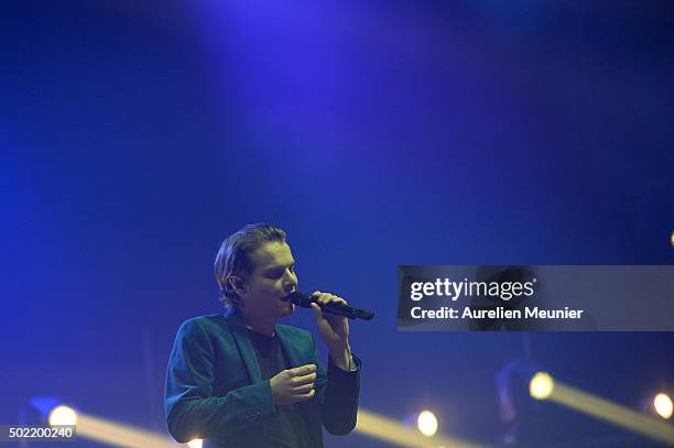 Benabar performs on stage during the concert given at Accor Hotels Arena on December 21, 2015 in Paris, France.12,000 employees, volunteers and...