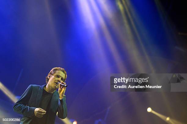 Benabar performs on stage during the concert given at Accor Hotels Arena on December 21, 2015 in Paris, France.12,000 employees, volunteers and...