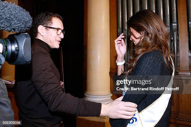 Miss France 2016 Iris Mittenaere realizes her dream meeting Actor Dany Boon on the set of the movie 'Radin' at National Institute for Young Blind on...