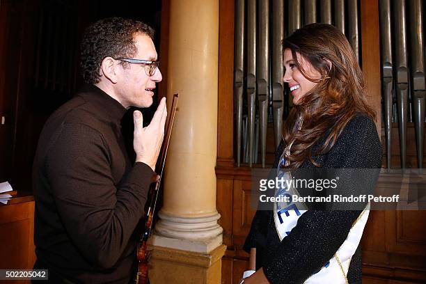Miss France 2016 Iris Mittenaere realizes her dream meeting Actor Dany Boon on the set of the movie 'Radin' at National Institute for Young Blind on...