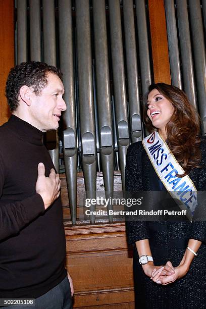 Miss France 2016 Iris Mittenaere realizes her dream meeting Actor Dany Boon on the set of the movie 'Radin' at National Institute for Young Blind on...