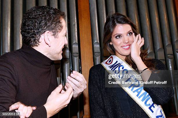 Miss France 2016 Iris Mittenaere realizes her dream meeting Actor Dany Boon on the set of the movie 'Radin' at National Institute for Young Blind on...