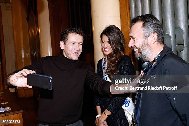 Miss France 2016 Iris Mittenaere realizes her dream meeting Actor Dany Boon on the set of the movie 'Radin' at National Institute for Young Blind on...