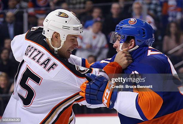 Ryan Getzlaf of the Anaheim Ducks and John Tavares of the New York Islanders exchange pushes during the second period at the Barclays Center on...