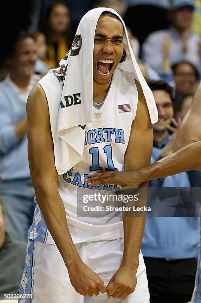 Brice Johnson of the North Carolina Tar Heels reacts on the bench during their game against the Appalachian State Mountaineers at Dean Smith Center...