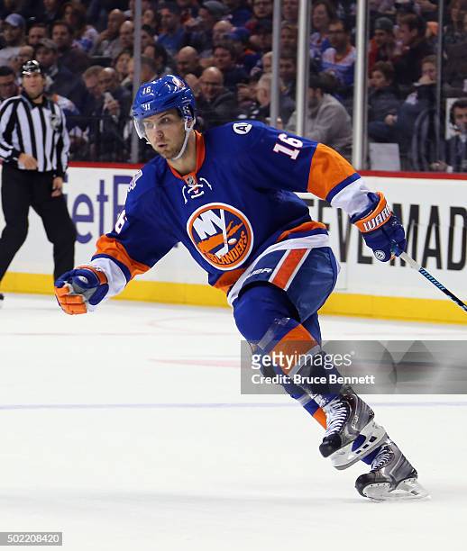 Steve Bernier of the New York Islanders skates against the Anaheim Ducks at the Barclays Center on December 21, 2015 in the Brooklyn borough of New...
