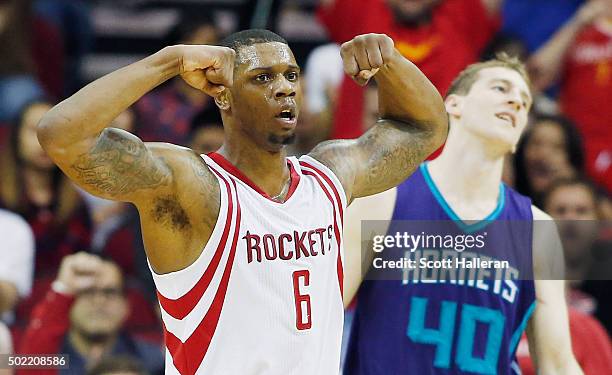 Terrence Jones of the Houston Rockets reacts to a play as Cody Zeller of the Charlotte Hornets looks on during their game at Toyota Center on...