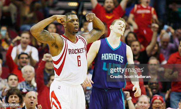 Terrence Jones of the Houston Rockets reacts to a play as Cody Zeller of the Charlotte Hornets looks on during their game at Toyota Center on...