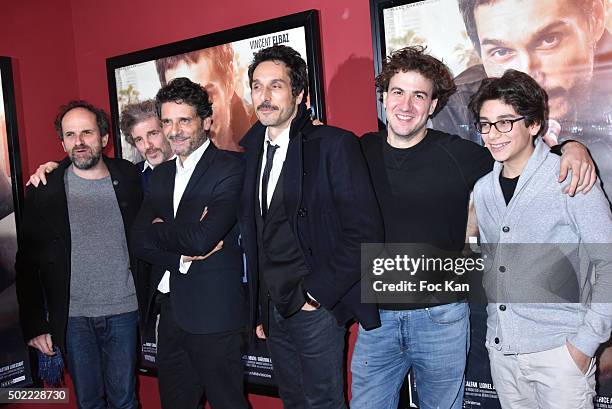 Actors Lionel Abelanski, Dan Herzberg, Pascal Elbe, Vincent Elbaz, Ludovik Day and Leo Elbe attend 'Je Compte Sur Vous' Premiere at Publicis Cinema...