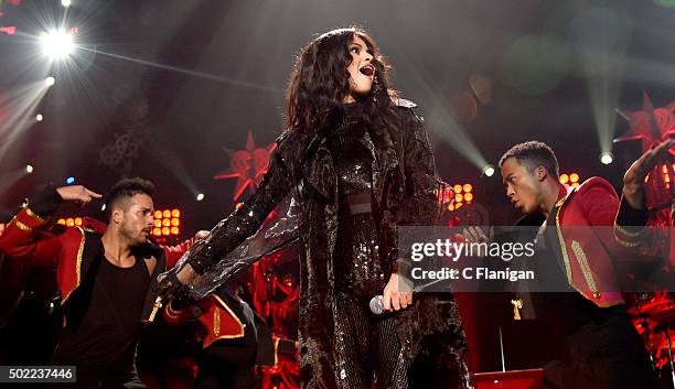 Singer Selena Gomez performs onstage during 103.5 KISS FM's Jingle Ball 2015 presented by Capital One at Allstate Arena on December 16, 2015 in...