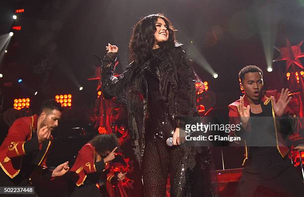 Singer Selena Gomez performs onstage during 103.5 KISS FM's Jingle Ball 2015 presented by Capital One at Allstate Arena on December 16, 2015 in...