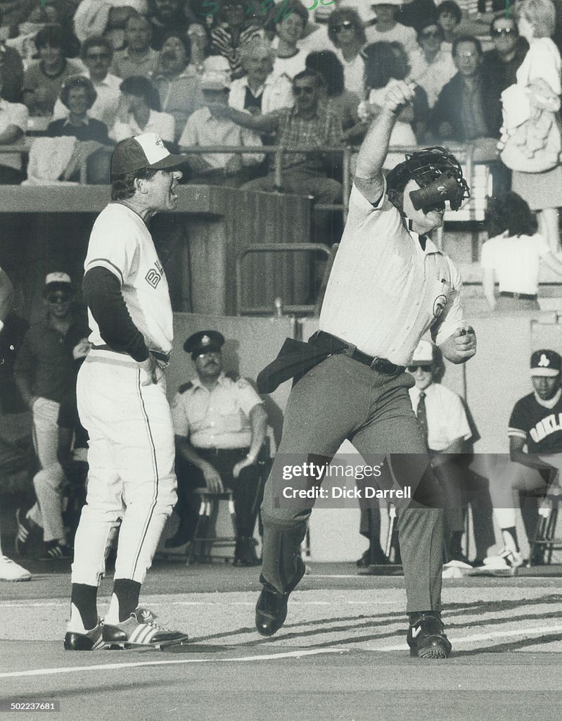 Say goodnight: Ump Terry Cooney launches Jays manager Bobby Cox in the second inning last night. Cox