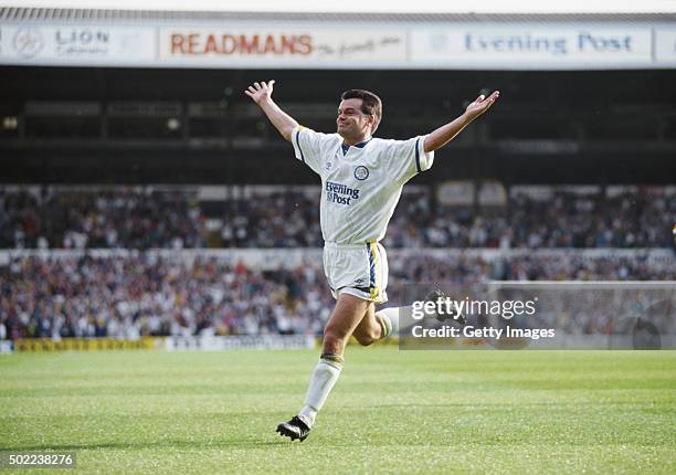 Leeds player Steve Hodge celebrates after scoring the winning goal in the First Division match between Leeds United and Liverpool on September 21,...
