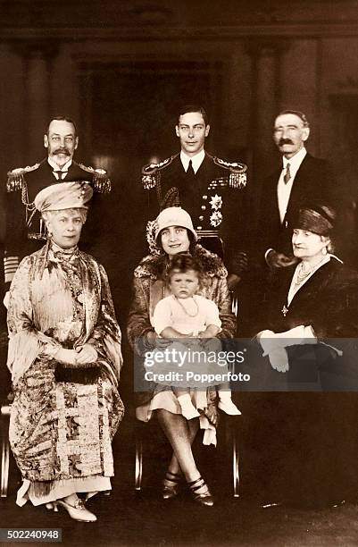 Formal portrait on the occasion of the homecoming of the Duke and Duchess of York from their Tour of the Empire, 1927. Back row, left to right: King...