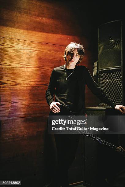 Portrait of Australian musician Van McCann, guitarist and vocalist with indie rock group Catfish And The Bottlemen, photographed before a live...