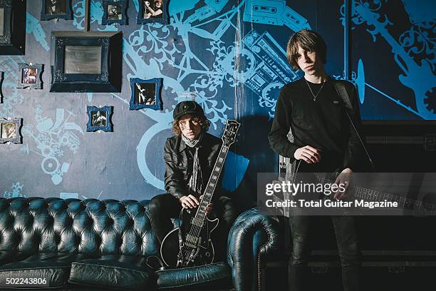 Portrait of musicians Van McCann and Johnny Bond, guitarists with Welsh indie rock group Catfish And The Bottlemen, photographed before a live...