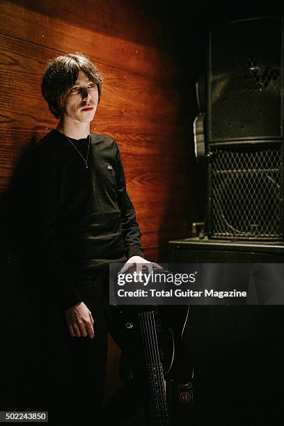 Portrait of Australian musician Van McCann, guitarist and vocalist with indie rock group Catfish And The Bottlemen, photographed before a live...