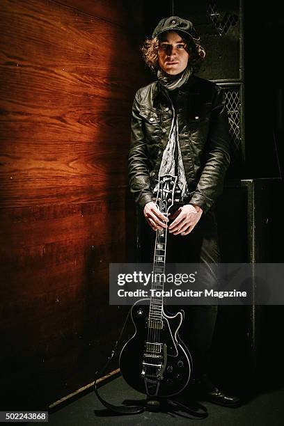 Portrait of Welsh musician Johnny Bond, guitarist with indie rock group Catfish And The Bottlemen, photographed before a live performance at the O2...