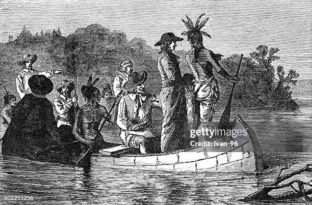 stockillustraties, clipart, cartoons en iconen met marquette and joliet discovering the mississippi - pilgrims and indians