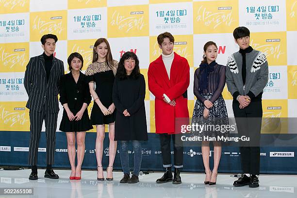 South Korean actors Nam Ju-Hyuk, Park Min-Ji, Lee Sung-Kyung, Seo Kang-Joon, Kim Go-Eun and Park Hae-Jin attend the press conference for tvN Drama...