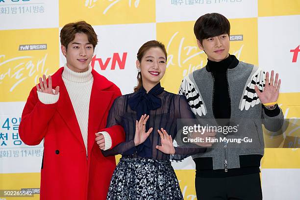 South Korean actors Seo Kang-Joon, Kim Go-Eun and Park Hae-Jin attend the press conference for tvN Drama 'Cheese In The Trap' on December 22, 2015 in...