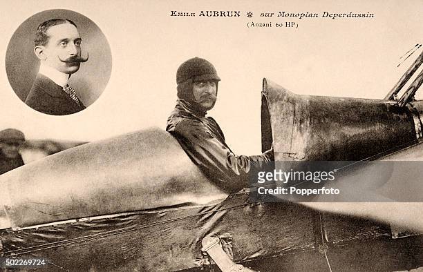 French aviation pioneer Emile Aubrun in the cockpit of an Armand Deperdussin monoplane, circa 1910.